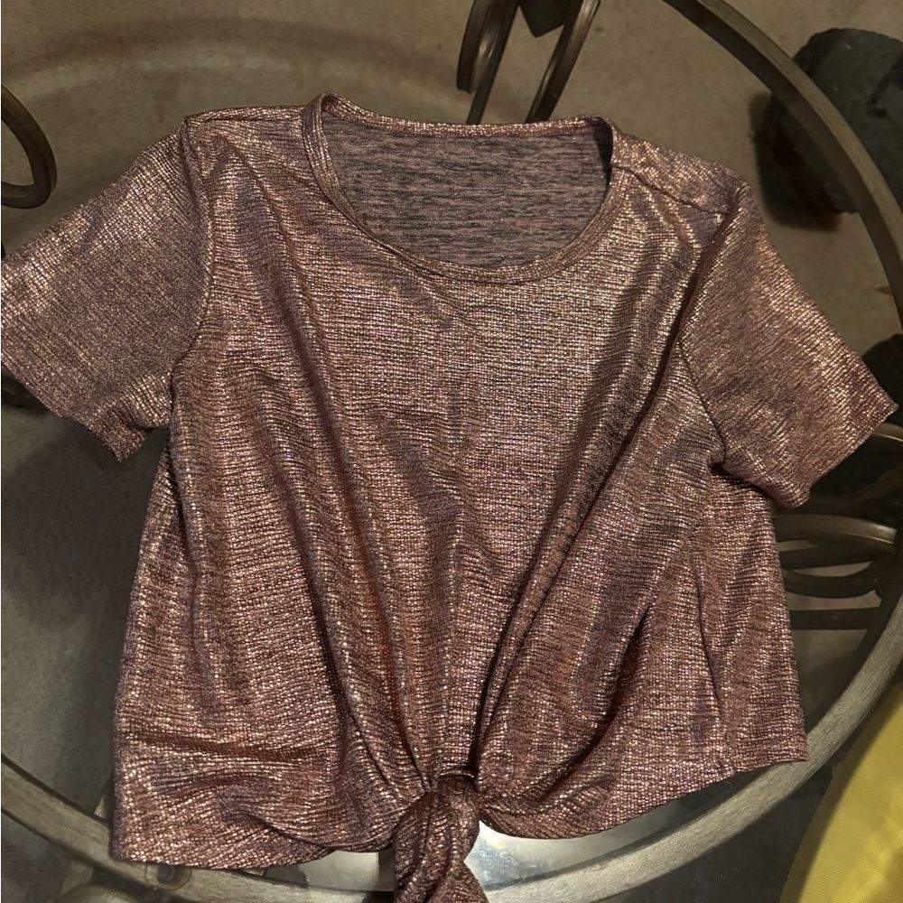 Metallic Short Sleeve Tie-Front Top